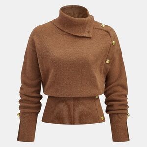 NET Commense Cinched Waist Asymmetrical Turtleneck Sweater – Brown